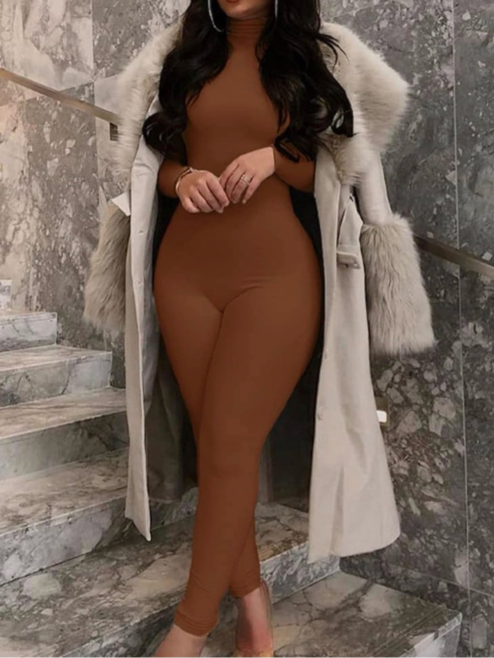Azhong Rust Brown Long Sleeve Bodycon Jumpsuit SZ Med